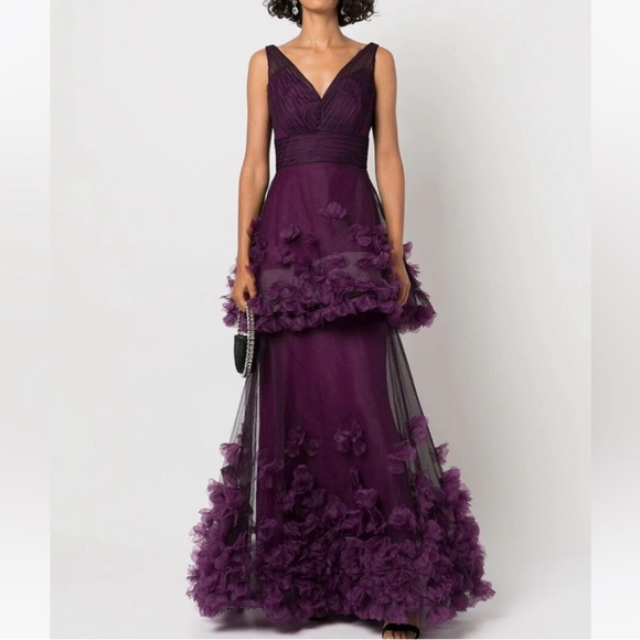 NWT Marchesa Notte Tiered 3D Floral Tulle Purple Aubergine  Gown Size 14 - Picture 2 of 16